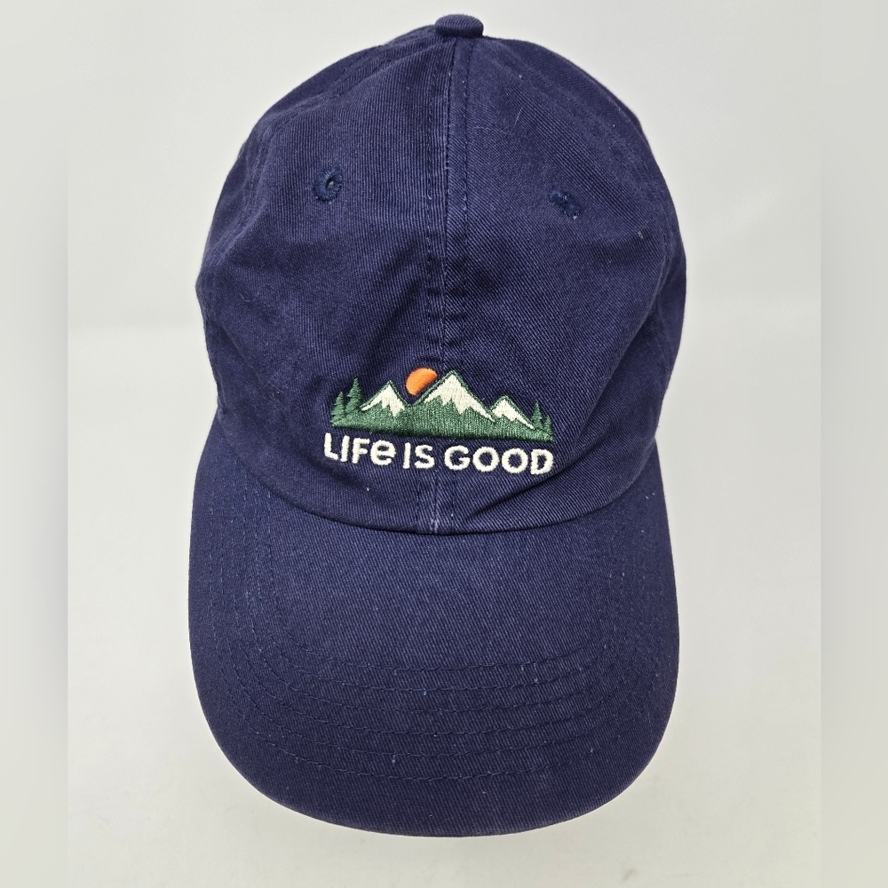 LIFE IS GOOD BASEBALL HAT CAP 100% COTTON NAVY BLUE MOUNTAINS HIKING UNISEX OS